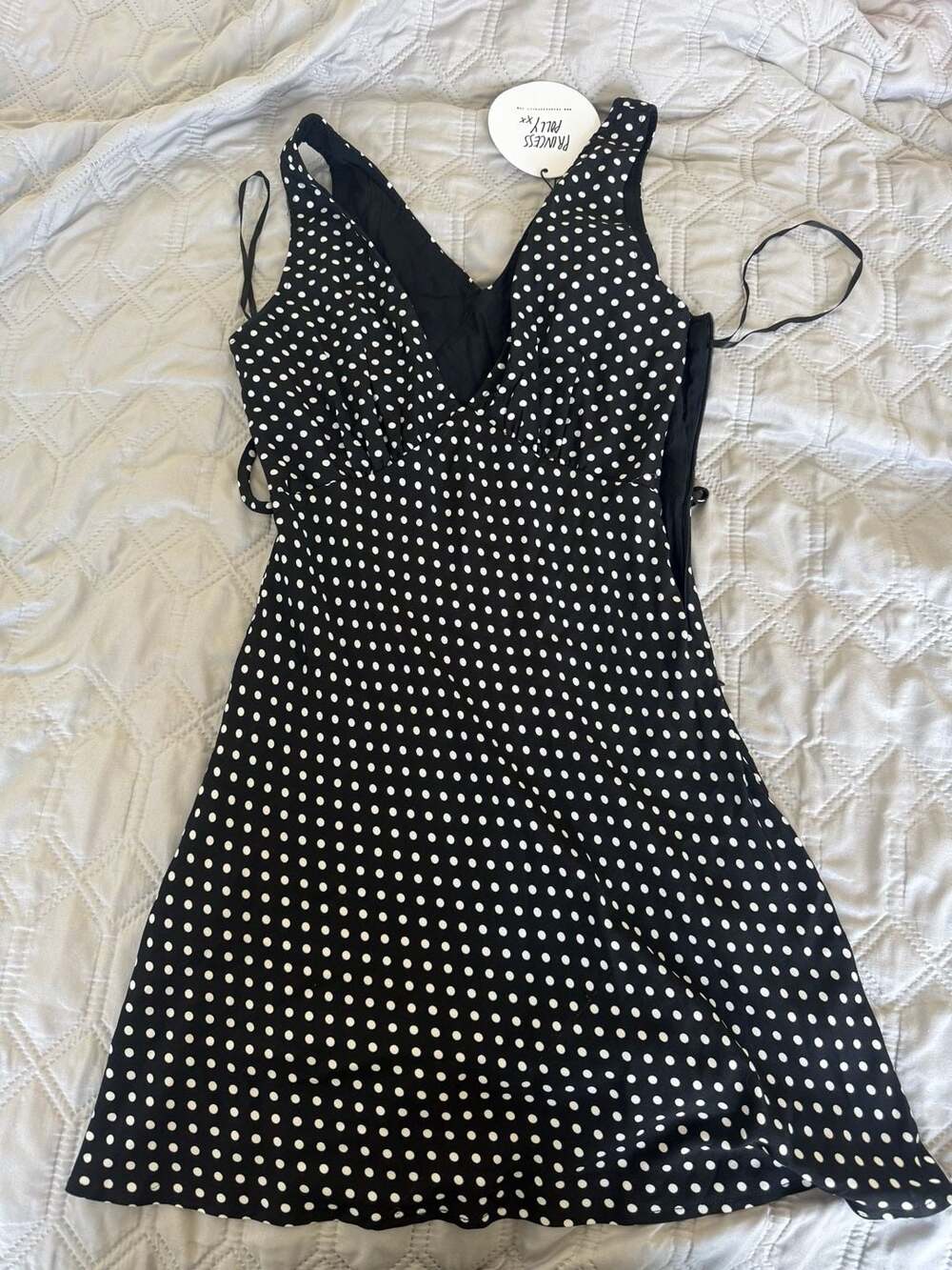 Princess Polly Nellie Plunge Neck Tie Back Mini Dress in Black Polka Dot